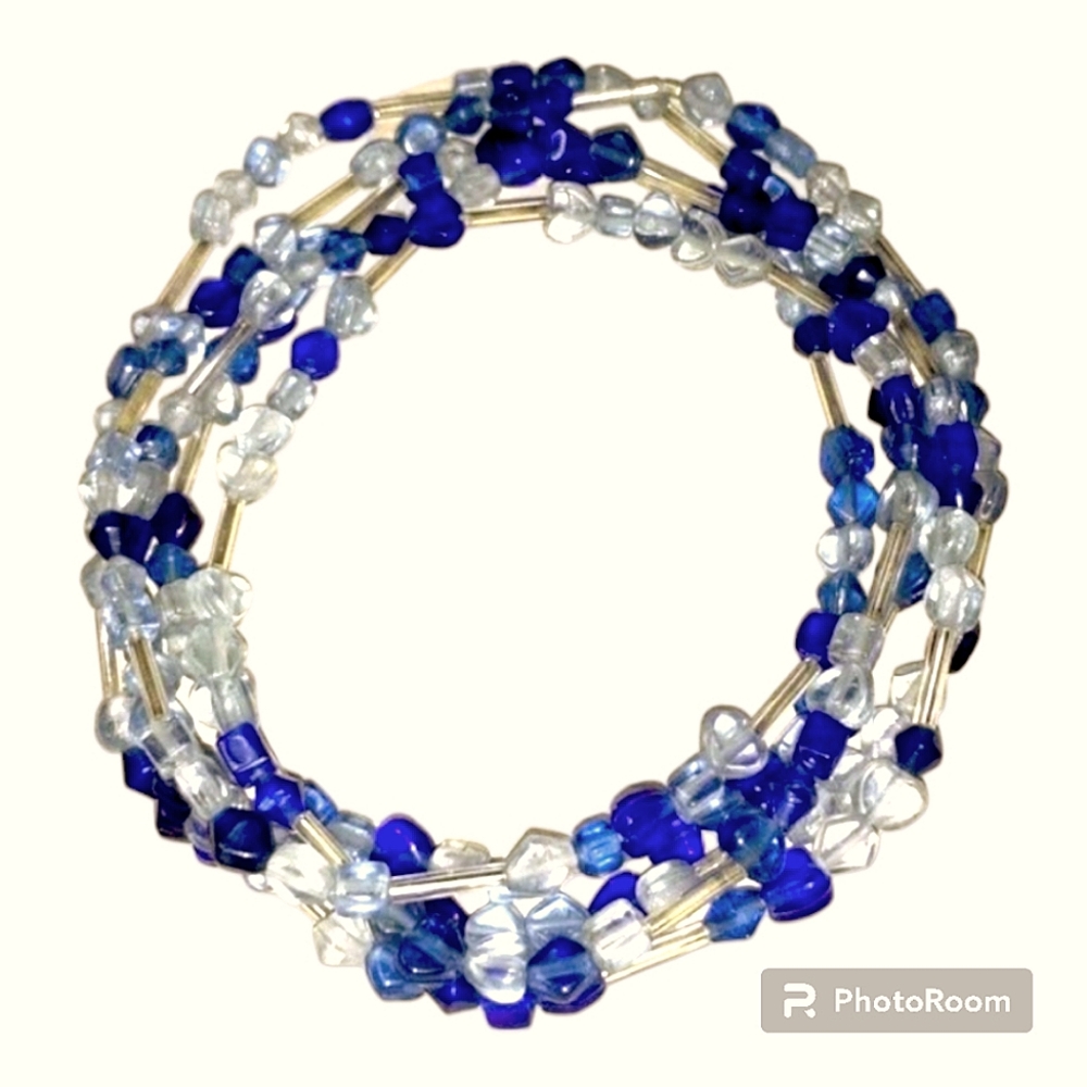 HANDMADE Blue & Silver Glass Shapes Beaded Infinity Necklace / Wrap Bracelet